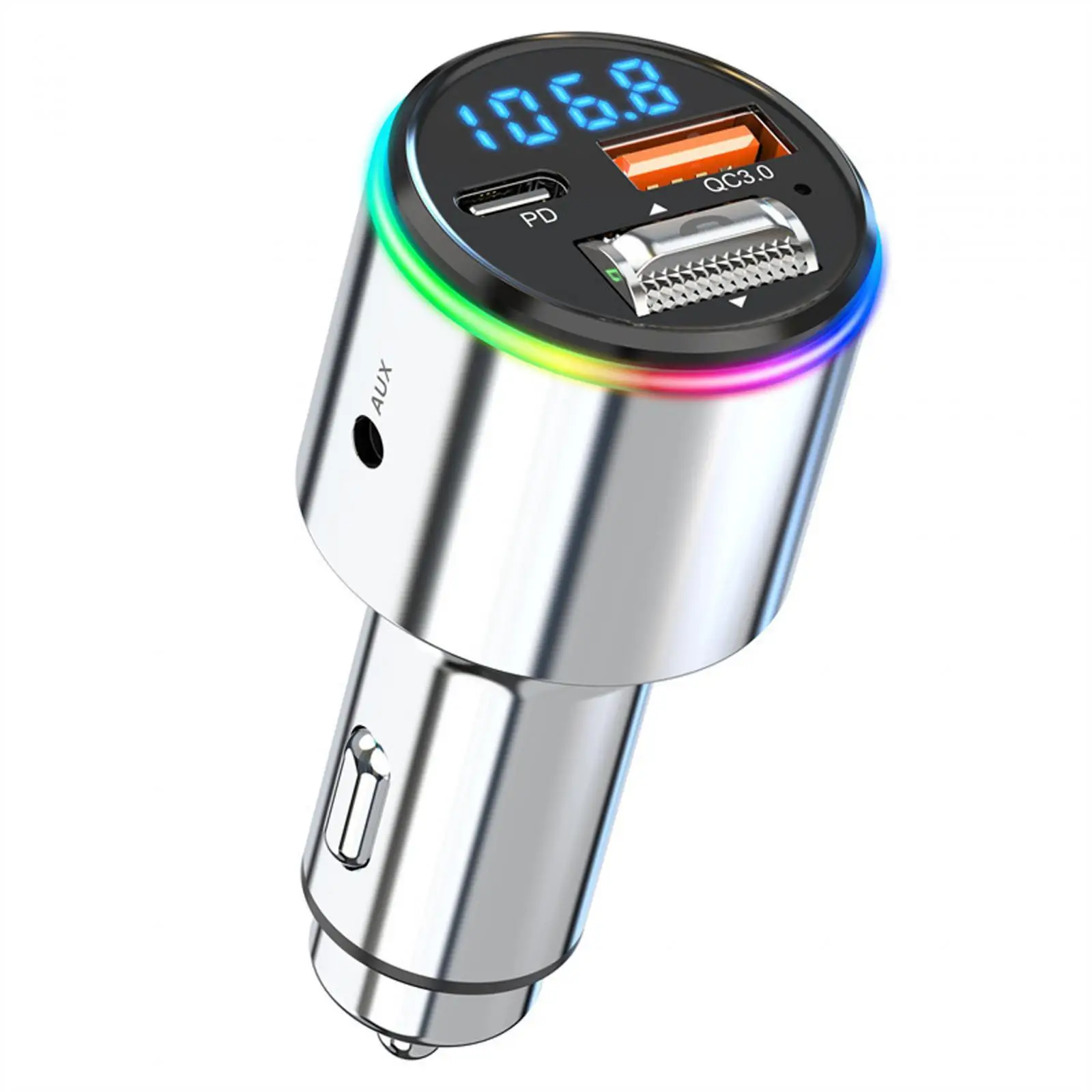 V5.3 FM Transmitter for Car Hands Free Calling BC1.2 with Mic with RGB Color AUX Input Output Bluetooth Car Adapter for SUV
