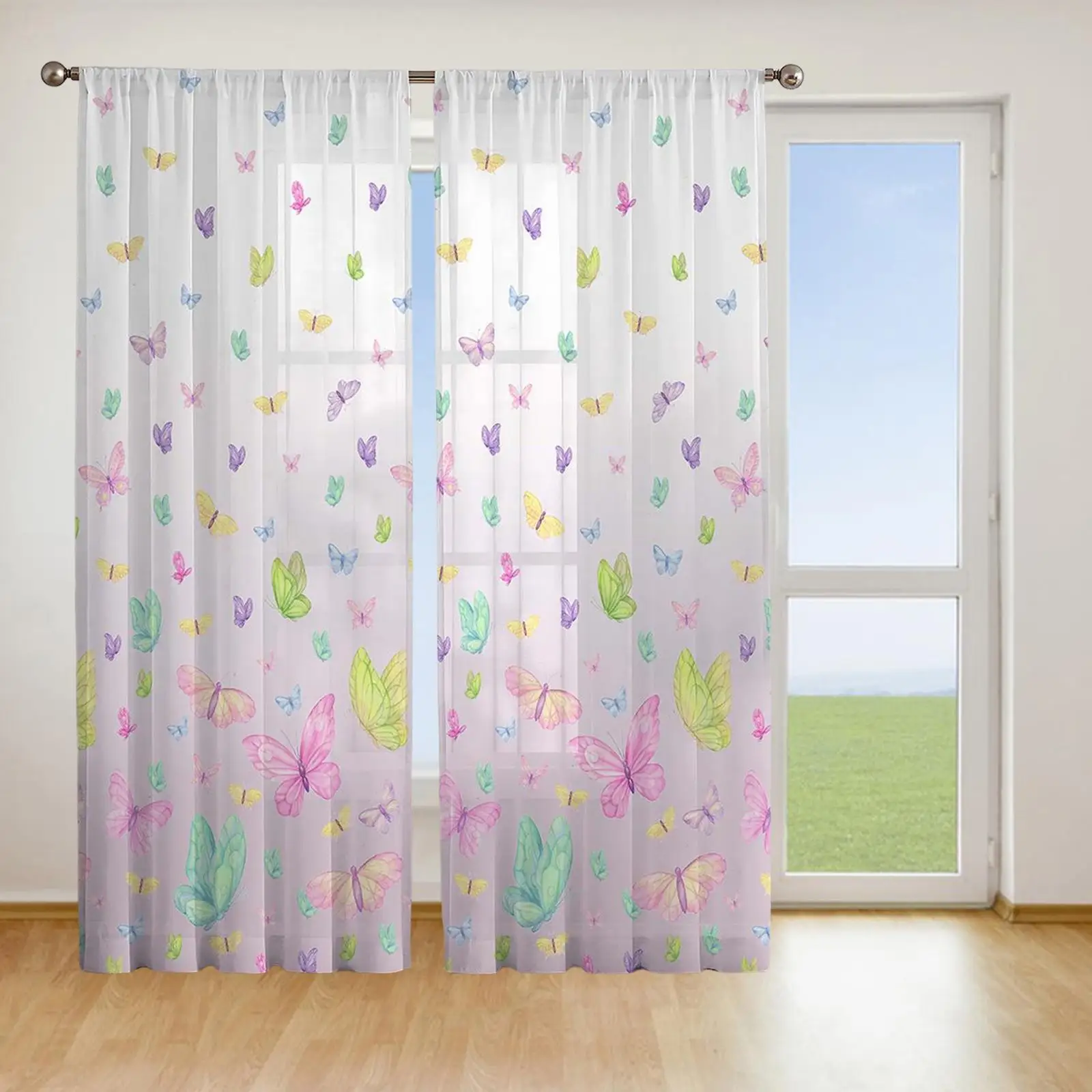 Colorful Butterfly Print Sheer Curtains Drapes Convenient Assemble Decorative Lightweight Modern with Grommets for Kitchen