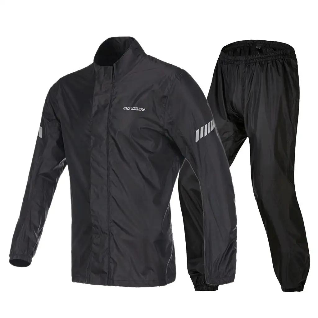 Black Waterproof 2 Piece Motorcycle Slim Rain Cover Over Jacket Pants Suit