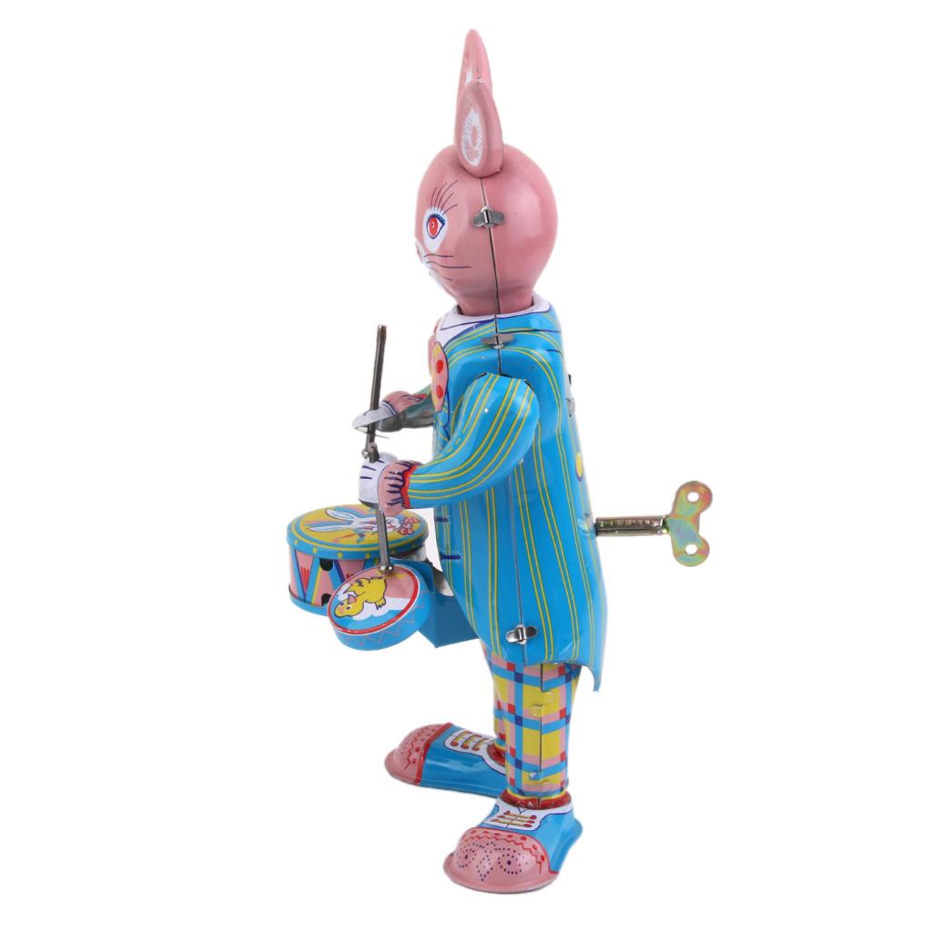 Vintage Wind Up Mr. Rabbit Bunny Drummer Clockwork W/ Key Tin Toy Xmas Gift