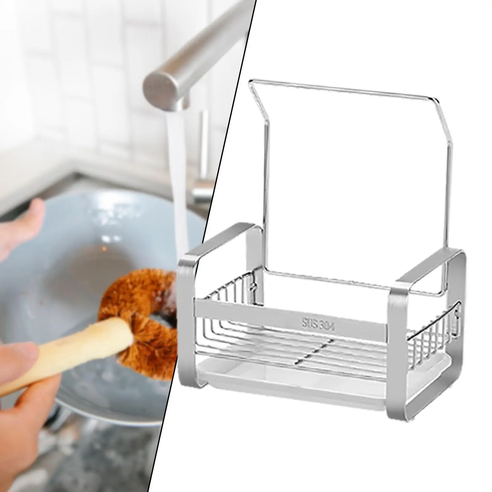 Sink Caddy Sponge Holder with Drain Tray Dishcloth Holder Anti Slip Organiser Storage Bracket Drying Rack for Brush Kitchen Soap