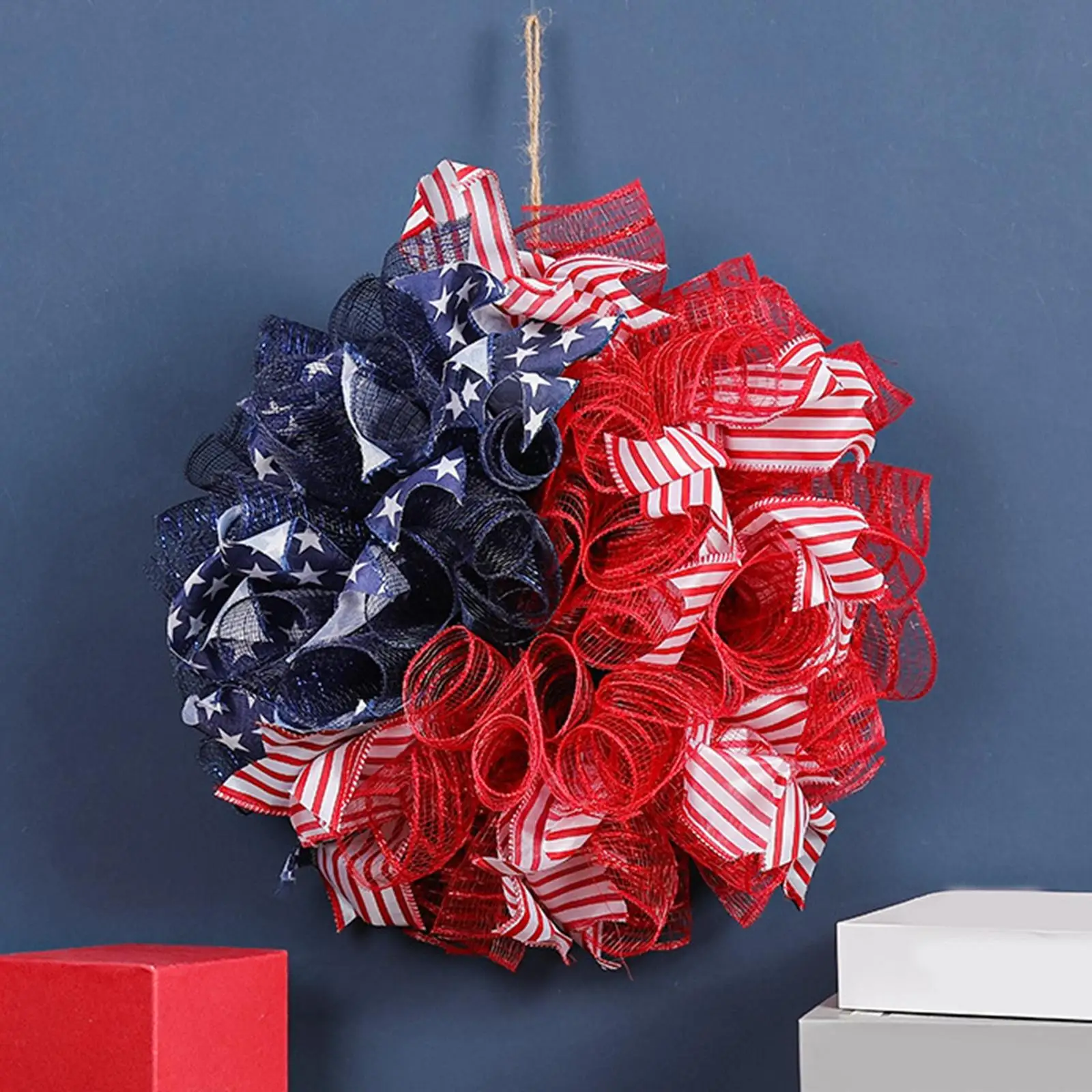 Independence Day Wreath Decor Wall Hanging Artificial 4TH of July Wreath Patriotic Door Wreath for Window Party Outdoor