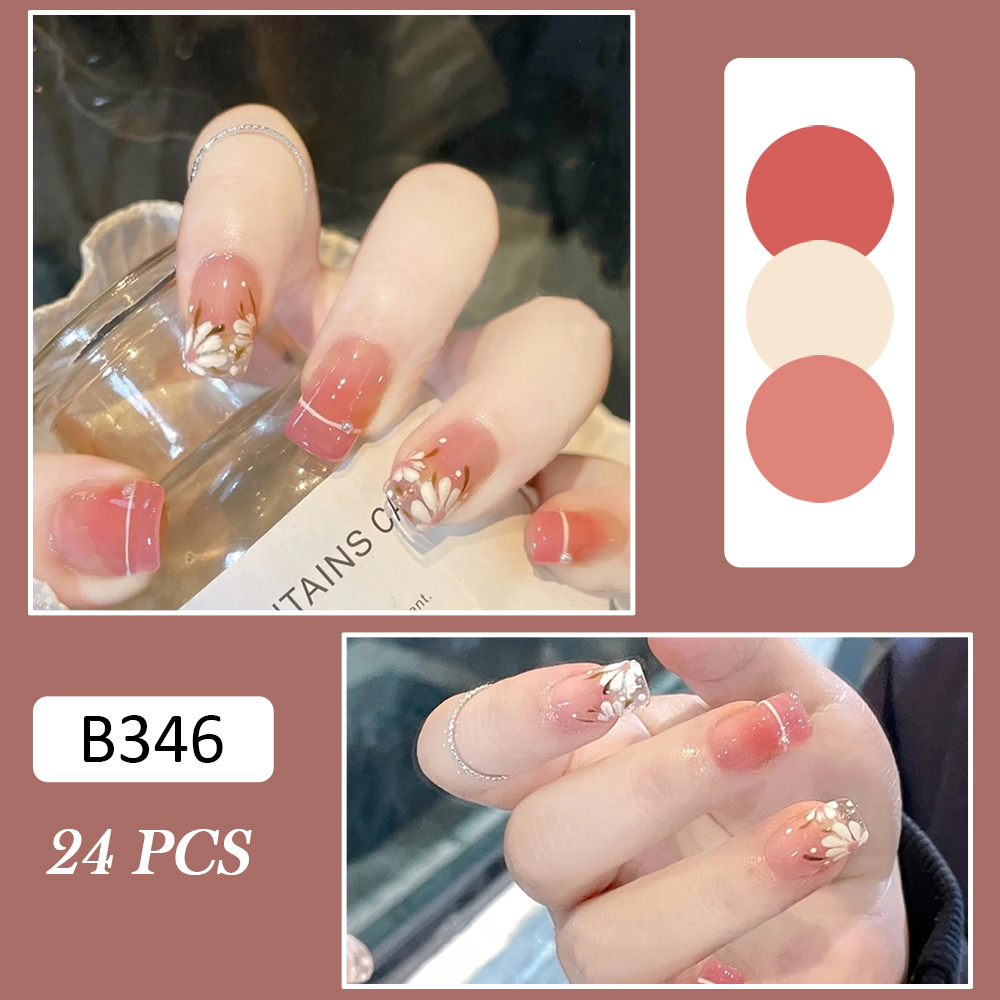 New 24Pcs Glossy Gradient Pink False Nails White Flower Fake Nail for Women  and Girl Fake Nail Patch Artificial Nails SANA889 | AliExpress