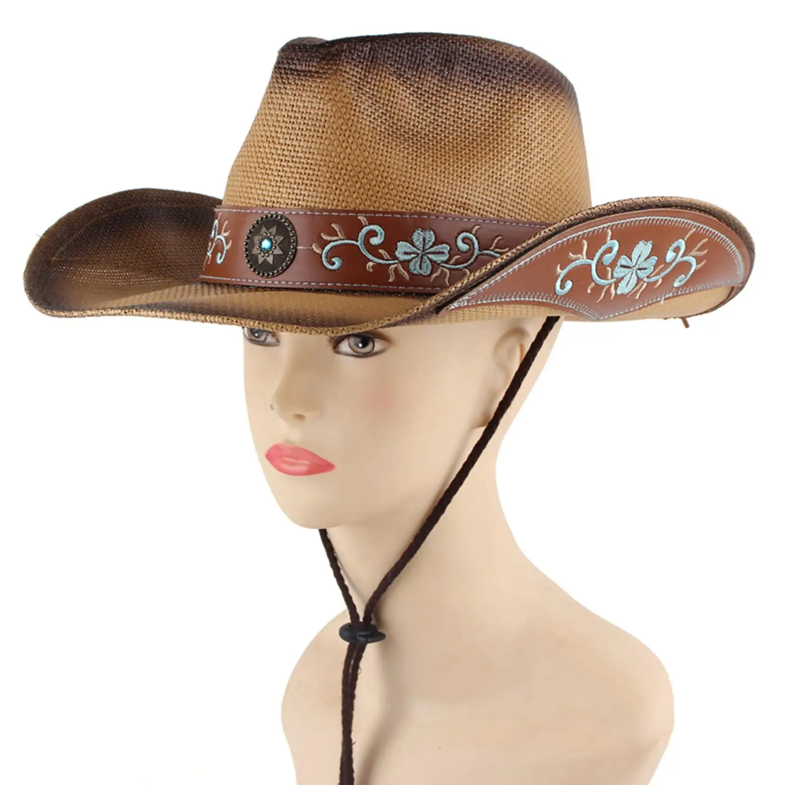 Cowboy Hat Embroidery Floral Jazz Cap Spring Summer Cowgirl Hat for Women Men Carnival Stage Performance Festivals Hiking