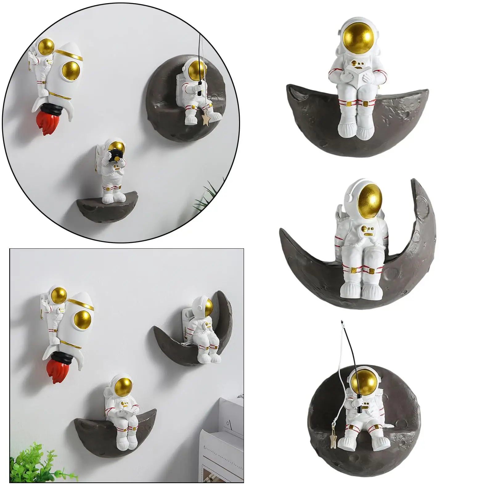 3 Pieces Art Astronaut Statues Wall Mounted 3D Resin Spaceman Wall Sculpture Statues Ornament Outdoor Indoor Decor