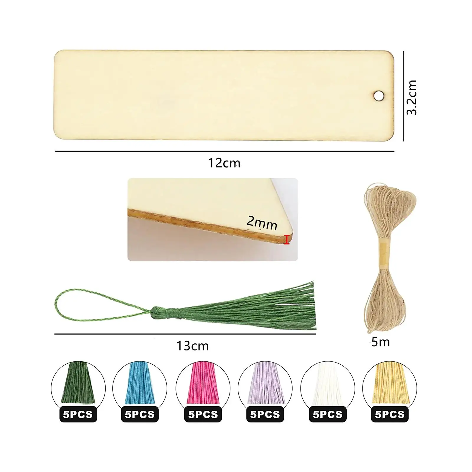 30x Wood Blank Bookmarks with Tassels Present Tag Markers DIY Souvenir Handmade for Reading Student Office Supplies