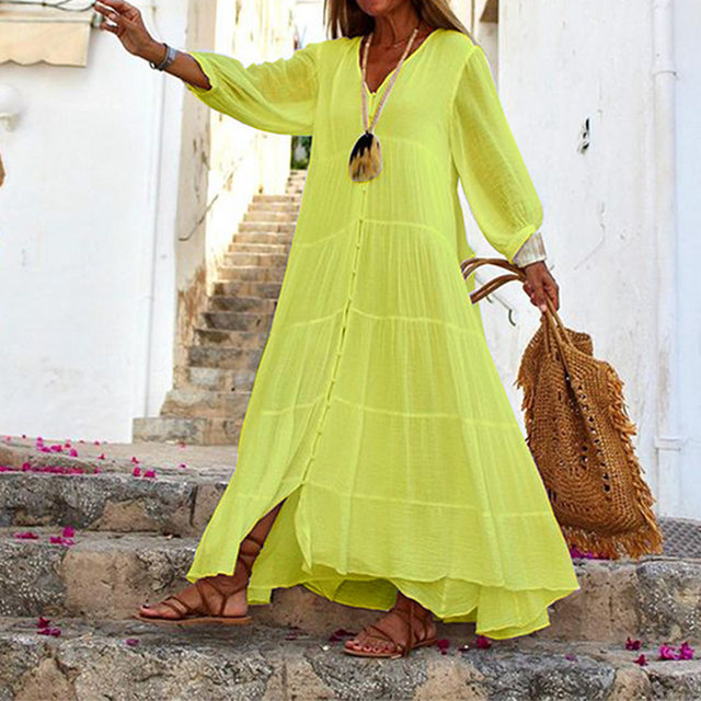 Yellow linen dress with wide free triangle sleeves, maxi length, shops belt, boat collar with elastic, summer dress, boho dress, flowy dress