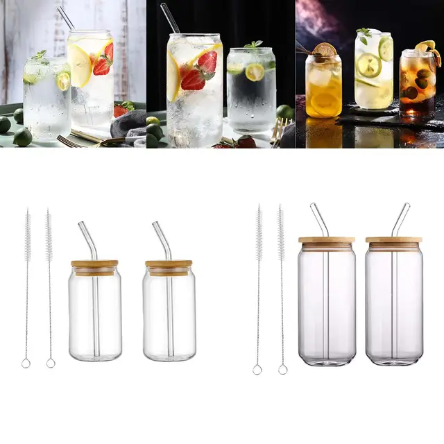 Beer Glass Bamboo Lid Straw Wholesale  Glass Cups Bamboo Lids Straws -  550ml Glass - Aliexpress