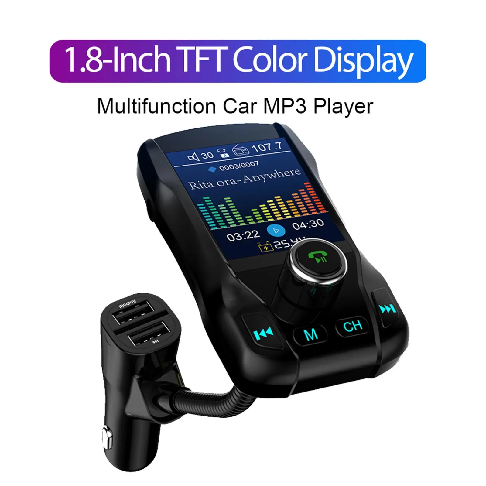 Bluetooth 5.0 Car FM Transmitter Radio 5V Car Adapter Car MP3 Player w/ 1.8 Inch Color Display 2 Port USB Charge w/Mic