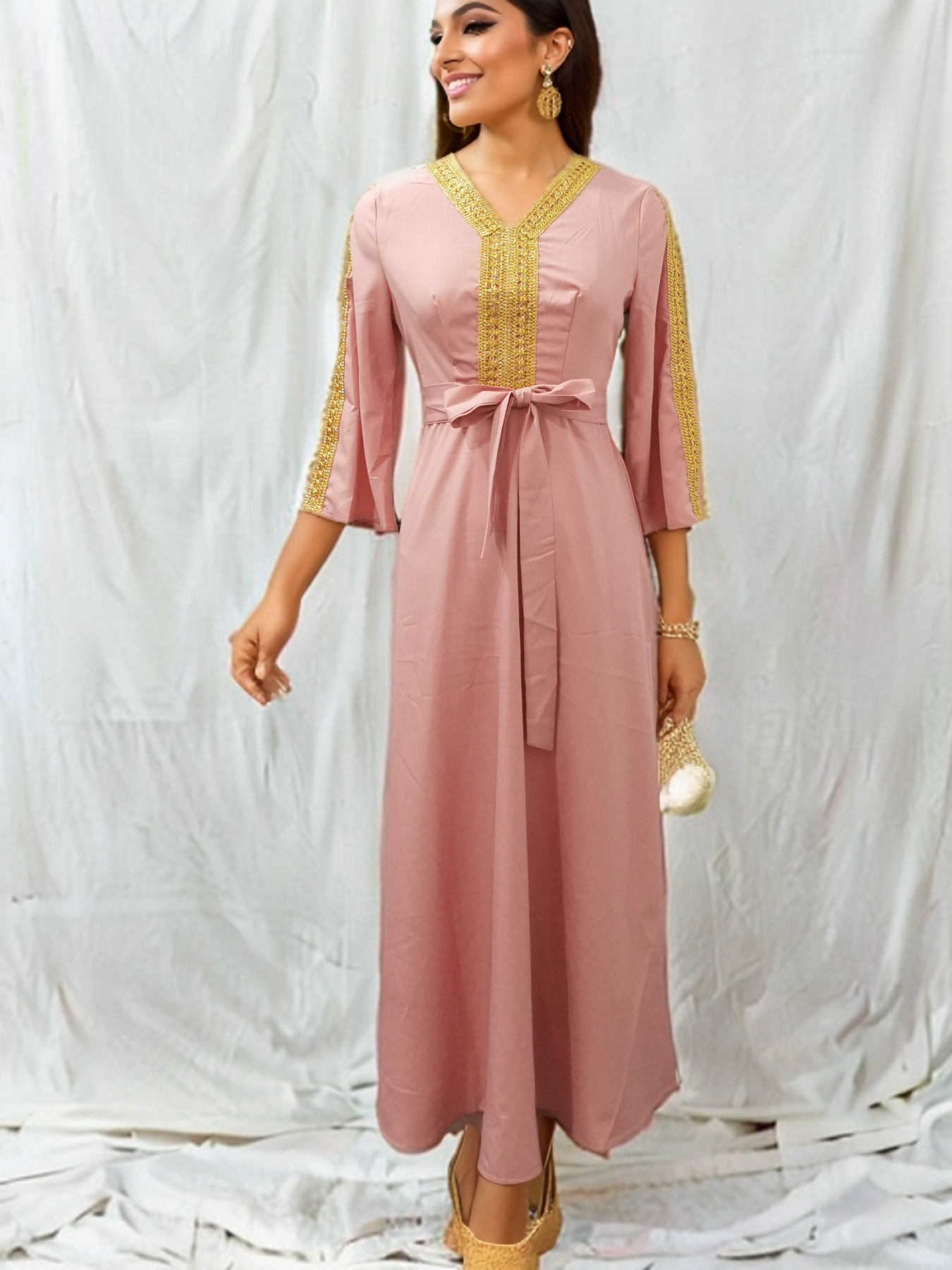 S79513ebcaf1943ca89c3be8c02edf30fV es V Neck Flare Sleeve Gorgeous Belt Slim Fit Kaftan