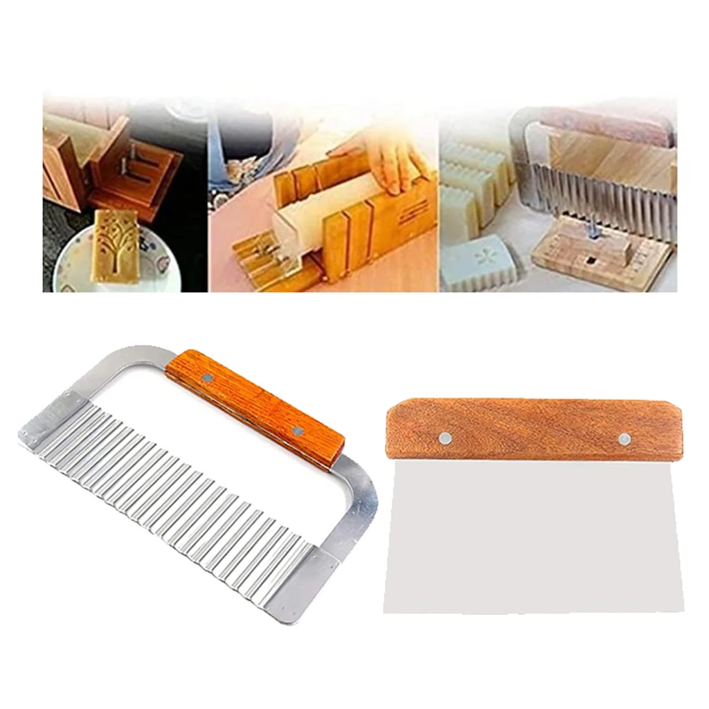 2pcs Stainless Steel Wavy & Straight Soap Loaf Cake Cutter Cutting Tools Set, Crinkle Wooden Handle Vegetable Salad Chopping 