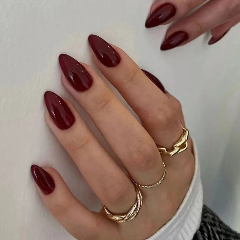 Best of 24Pcs Simple Wine Red Fake Nail With Glue Mid-length Almond Press On False Nails Wearable Round Head Oval Full Cover Nail Tips Reviews & Tips