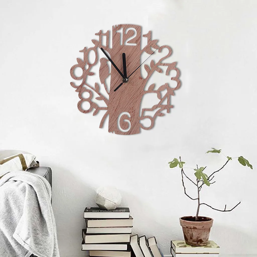 Wooden Tree Shape Wall Clock Hanging DIY Round Watches Battery Operated for Office Living Room Home Decoration Supplies fancy wall clock