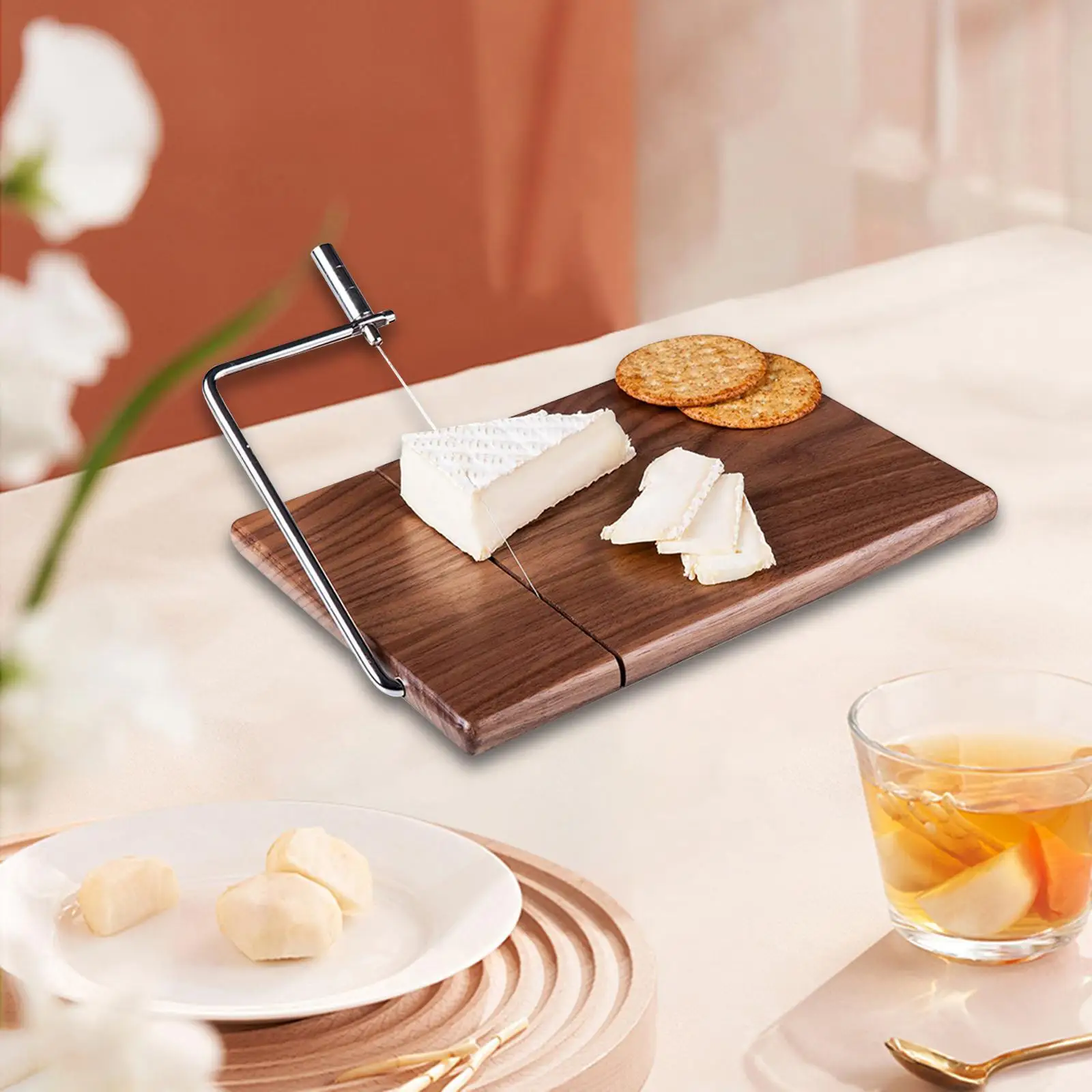 Wood Serving Board with Cheese Slicer Easy and Fast Cutting Butter Dessert Food Slicer for Vegetables Tofu Butter Cheese Fruits