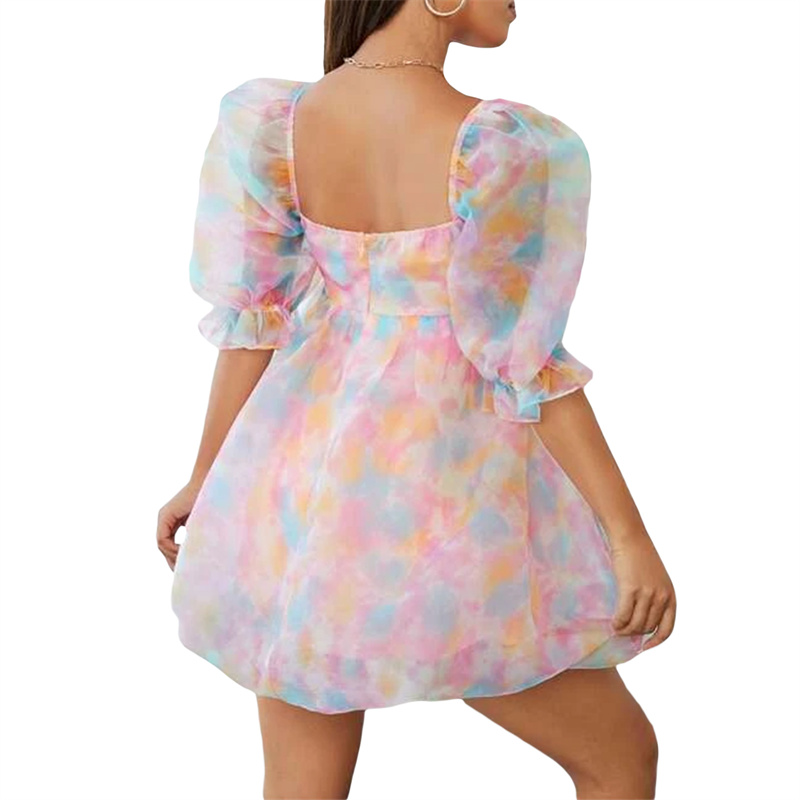 Fairy Mesh Dress y2k Women Aesthetic Gradient Color Puff Sleeve Princess Dress Square Neck Short Prom Party Dresses