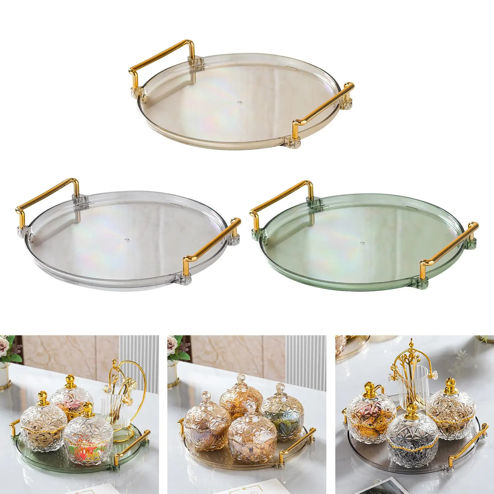 Plastic Serving Tray with Handles Round Platters Food Tray Vanity Tray for Toilet Dressing Room Home Dresser Table Organizer
