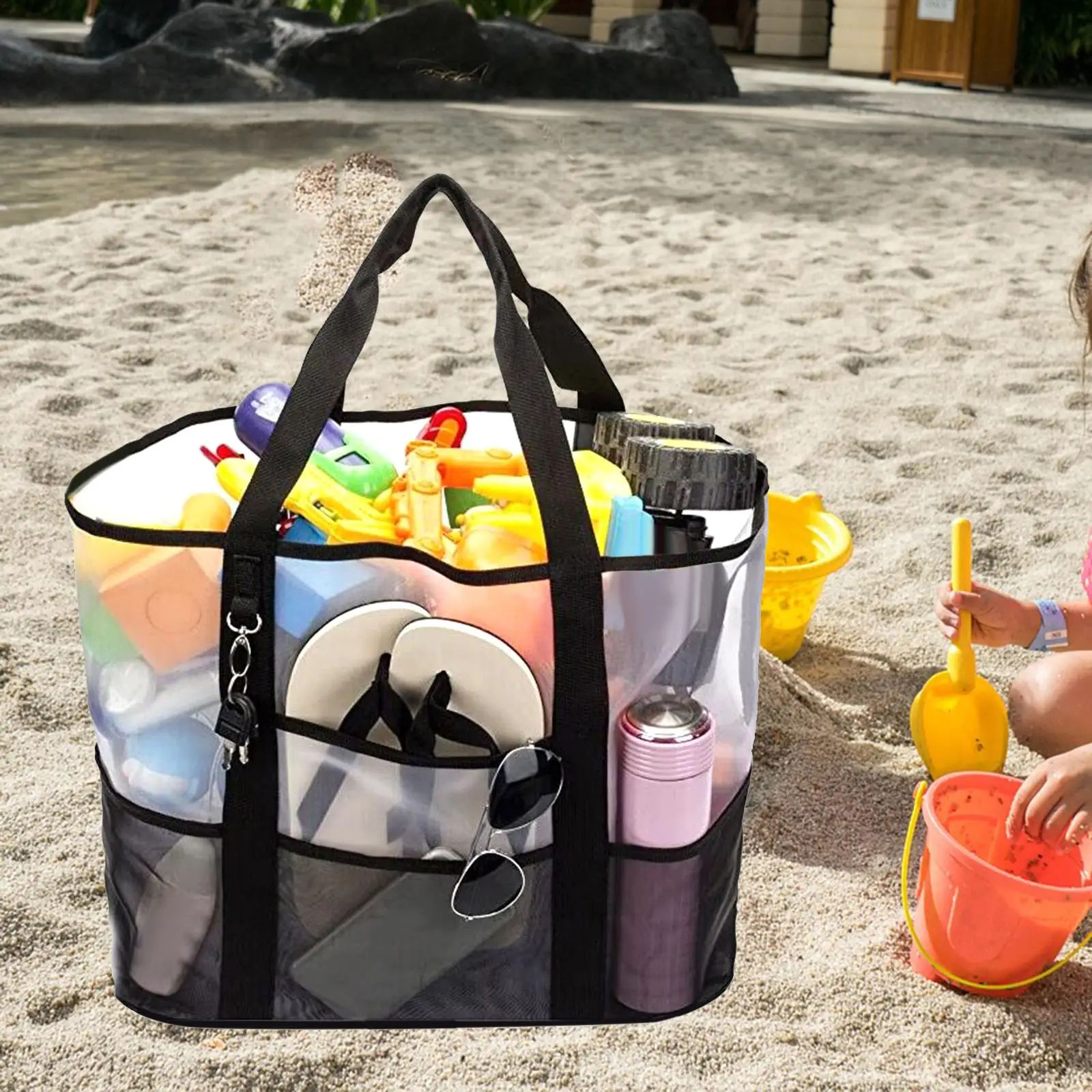 Mesh Beach Bag Tote Bag Gym Bag Large Kids Toy Bag Towels Storage Bag Cosmetic Storage Bag for Outdoor Sports Travel