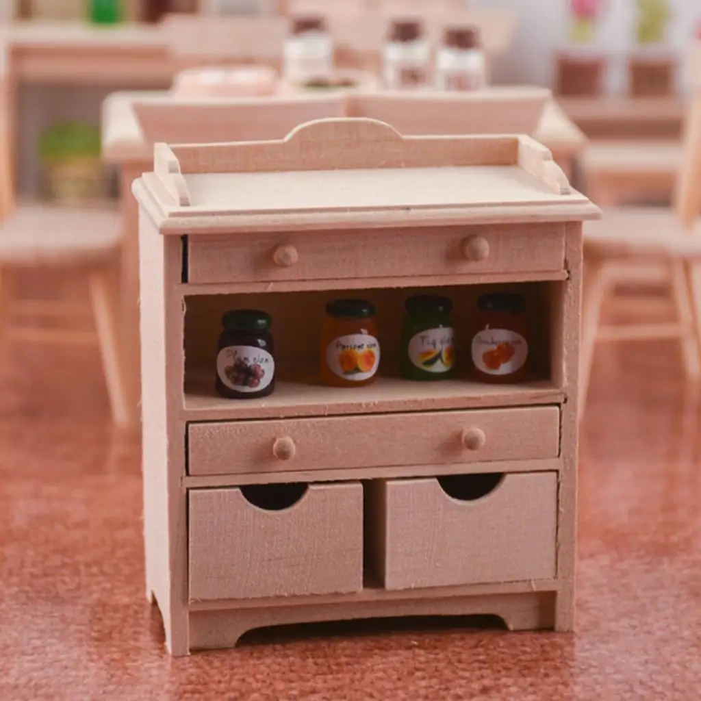 12th Furniture Unpainted Wood Cabinet with Drawers Life Scenes Model Ornaments