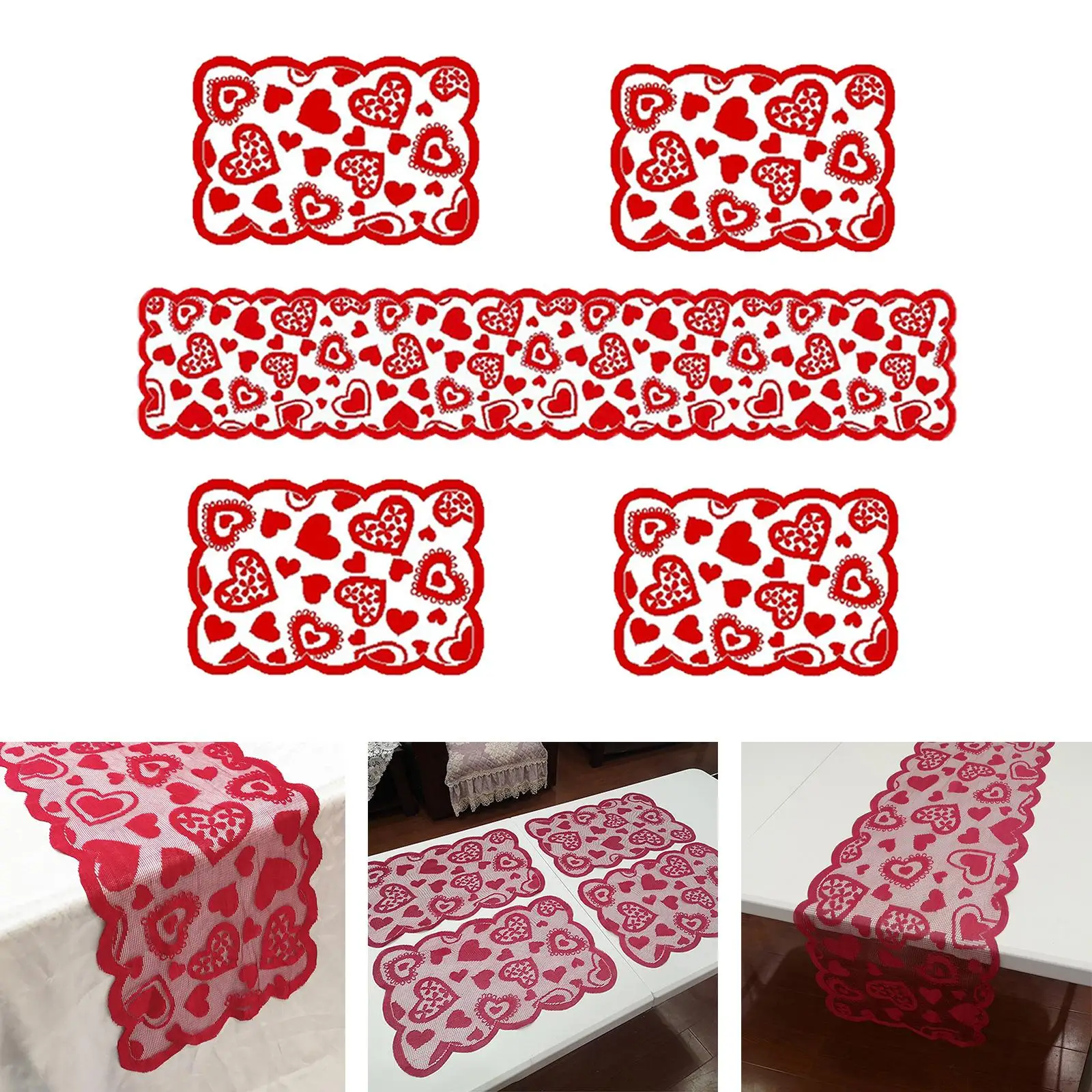 heart Pattern Red Desk Runner 4 Pieces Placemats Decorative 33x183cm Autumn Harvest Festival Christmas Table Cloth Decor