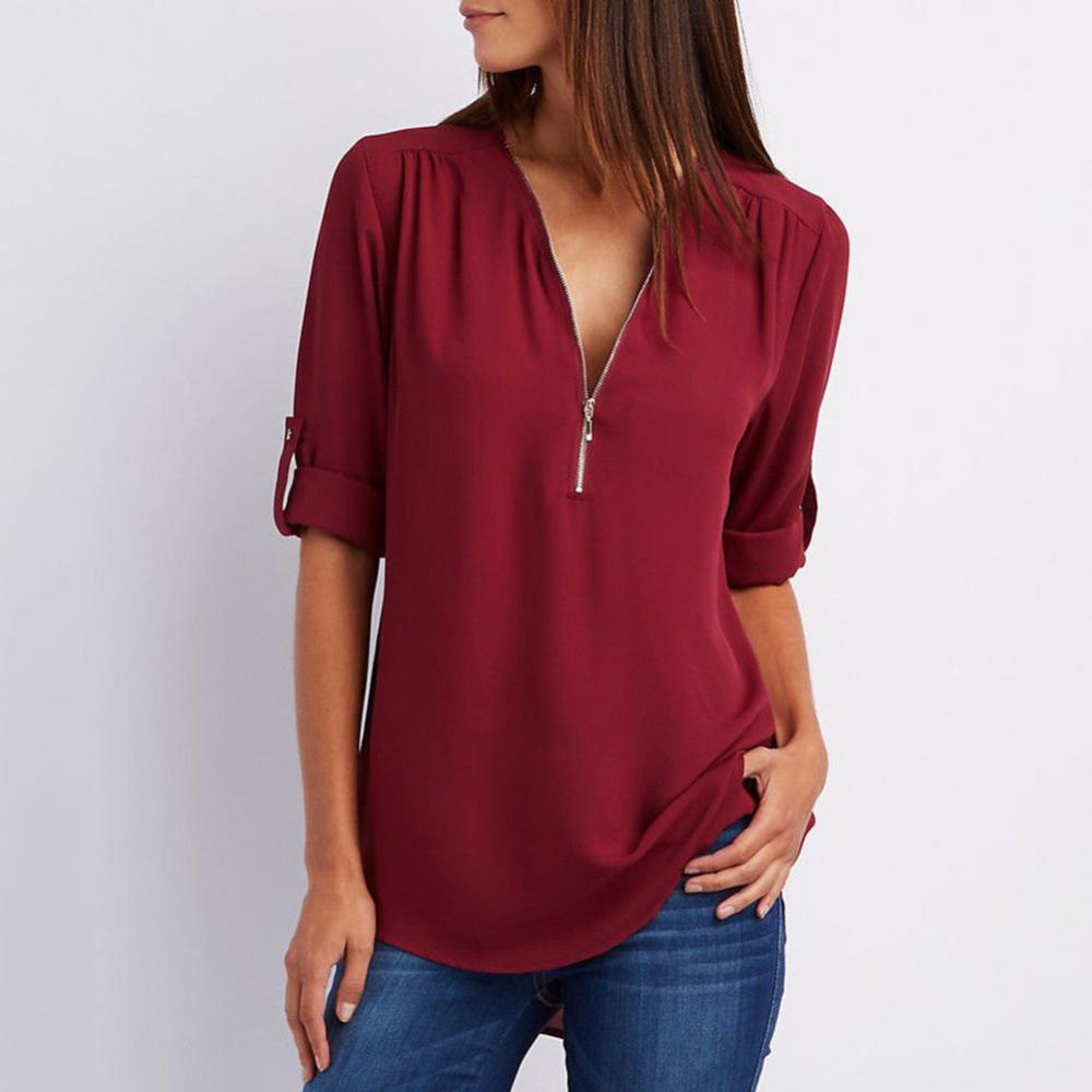 Title 7, Casual Office Lady Blouses Sexy Solid Color Zip...