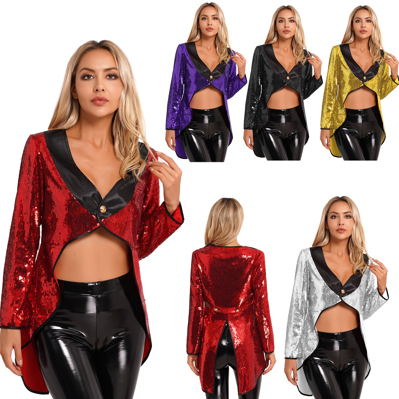Zirkusdirektor-Kostüm für Damen, Halloween, Zauberer, Kleid, Mottoparty, Cosplay, Frack, Jacke, Pailletten, Smoking, Oberbekleidung, Anzieh – Detail 2