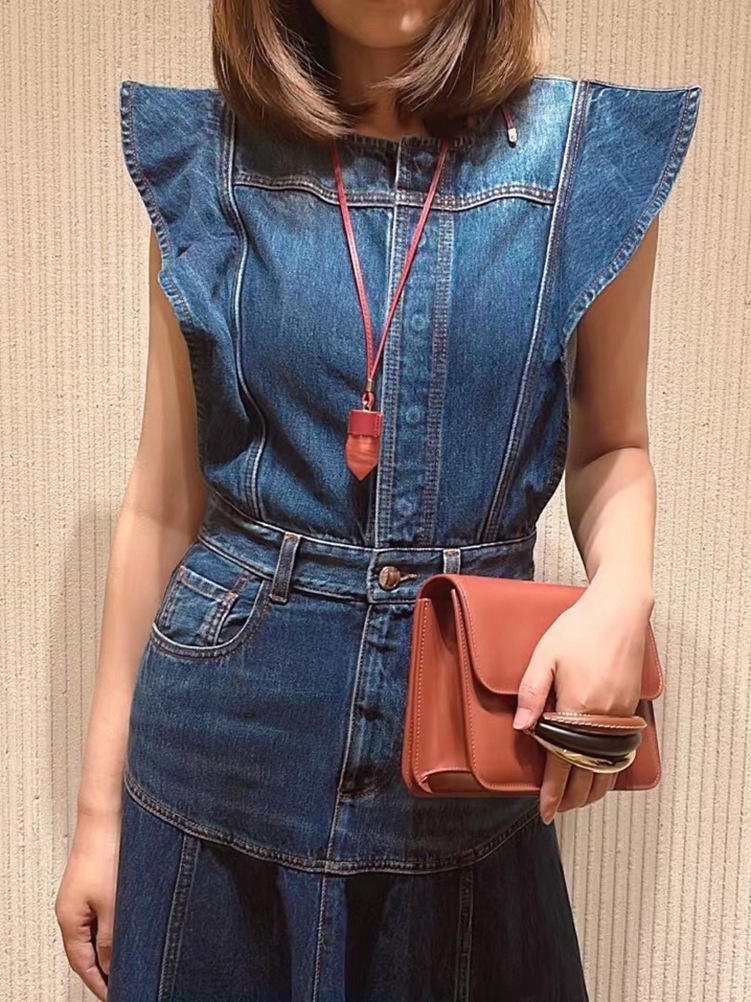 mangas voadoras tornozelo-comprimento vestido cinched emagrecimento longo azul denim vestido