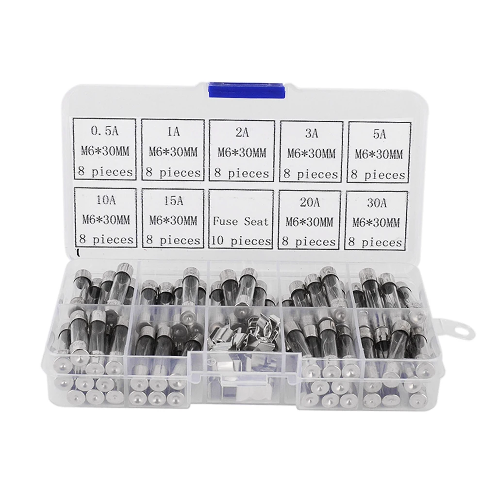 72Pcs 6*30mm Car Glass Tube Fuses Vehicles Electrical Assorted Kit 250V 0.5-30A