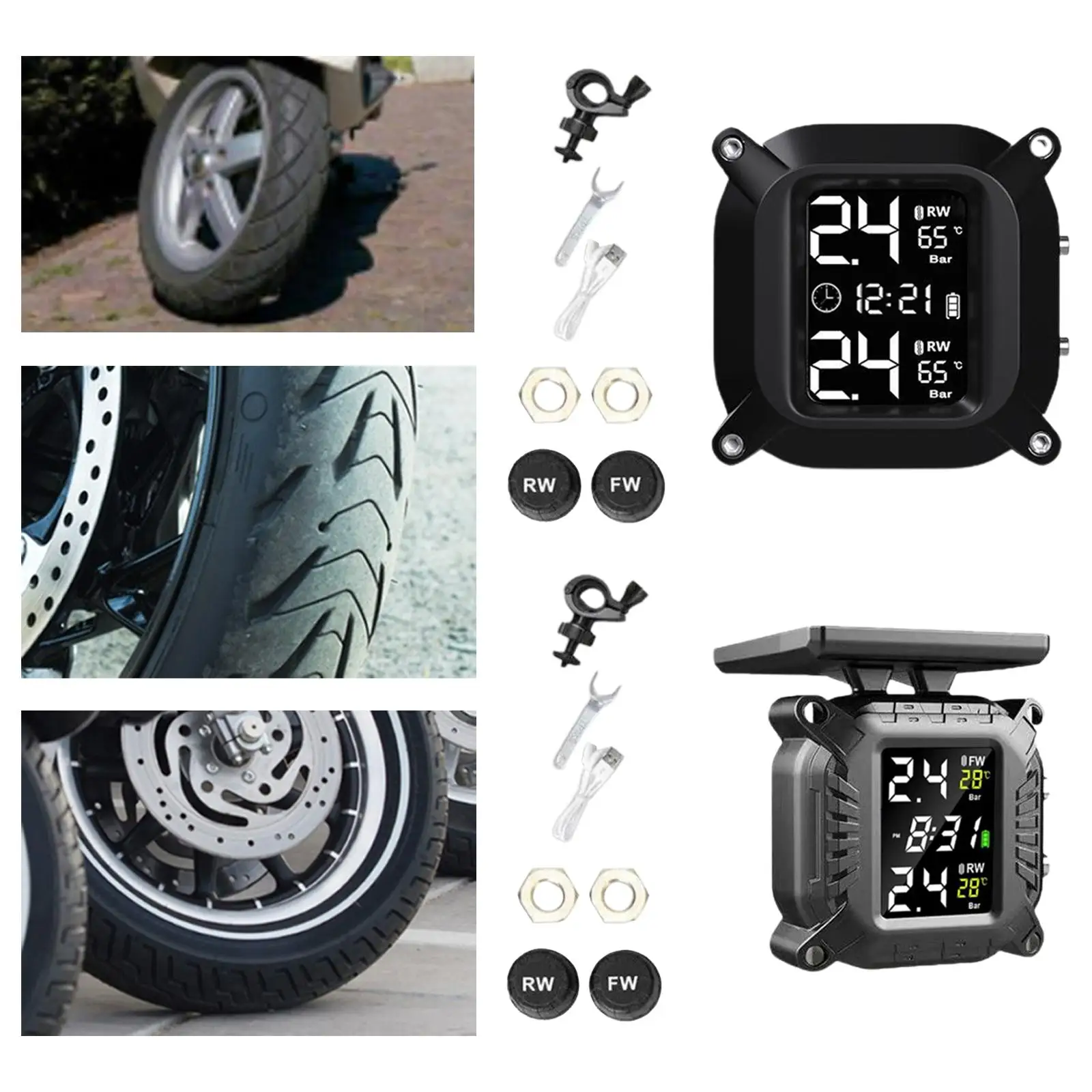 Tire Pressure Monitoring System Temperature Alarm Waterproof Smart 1100mAh with 2 Sensors Large LCD TPMS for Motorcycles