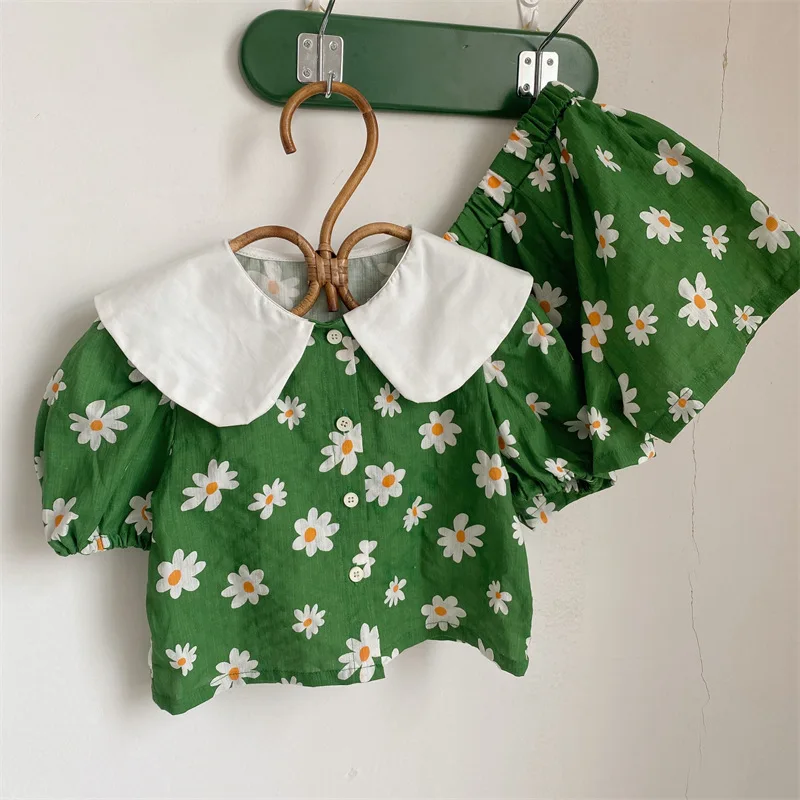 Clothing Sets luxury 2022 Summer New Fashion Top Pants Set Kids Doll Collar Green Fashion Clothes Set  Boutique Kids Clothing Simple Style twin clothing sets