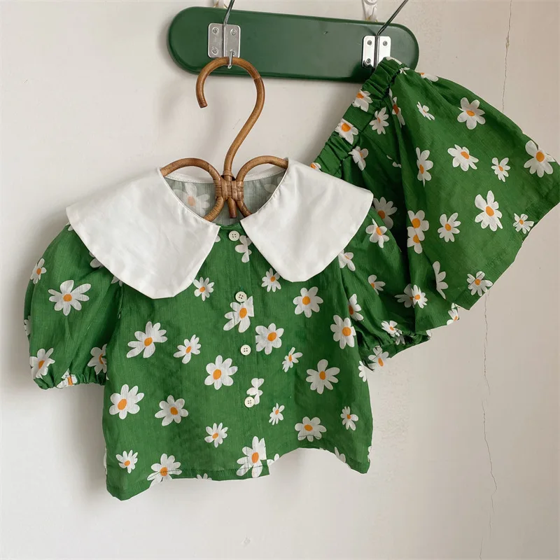 Clothing Sets luxury 2022 Summer New Fashion Top Pants Set Kids Doll Collar Green Fashion Clothes Set  Boutique Kids Clothing Simple Style twin clothing sets	