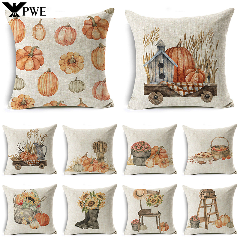 Description Picture 3 of itemThanksgiving Pillow Cover Pumpkin Cushion Cover Linen Farmhouse Decor Pillow Case Home Decor Sofa Car 45CM*45CM