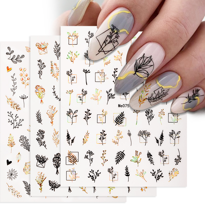 1 Pc 3D Nail Stickers Leaves Sliders for Nails Gold White Bronzing Flowers Gradient Adhesive Sticker Nail Design Art Decorations