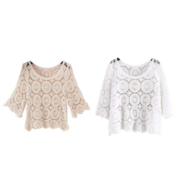 Crochet Scoop Neck high quality sleeve white Blouse 1X