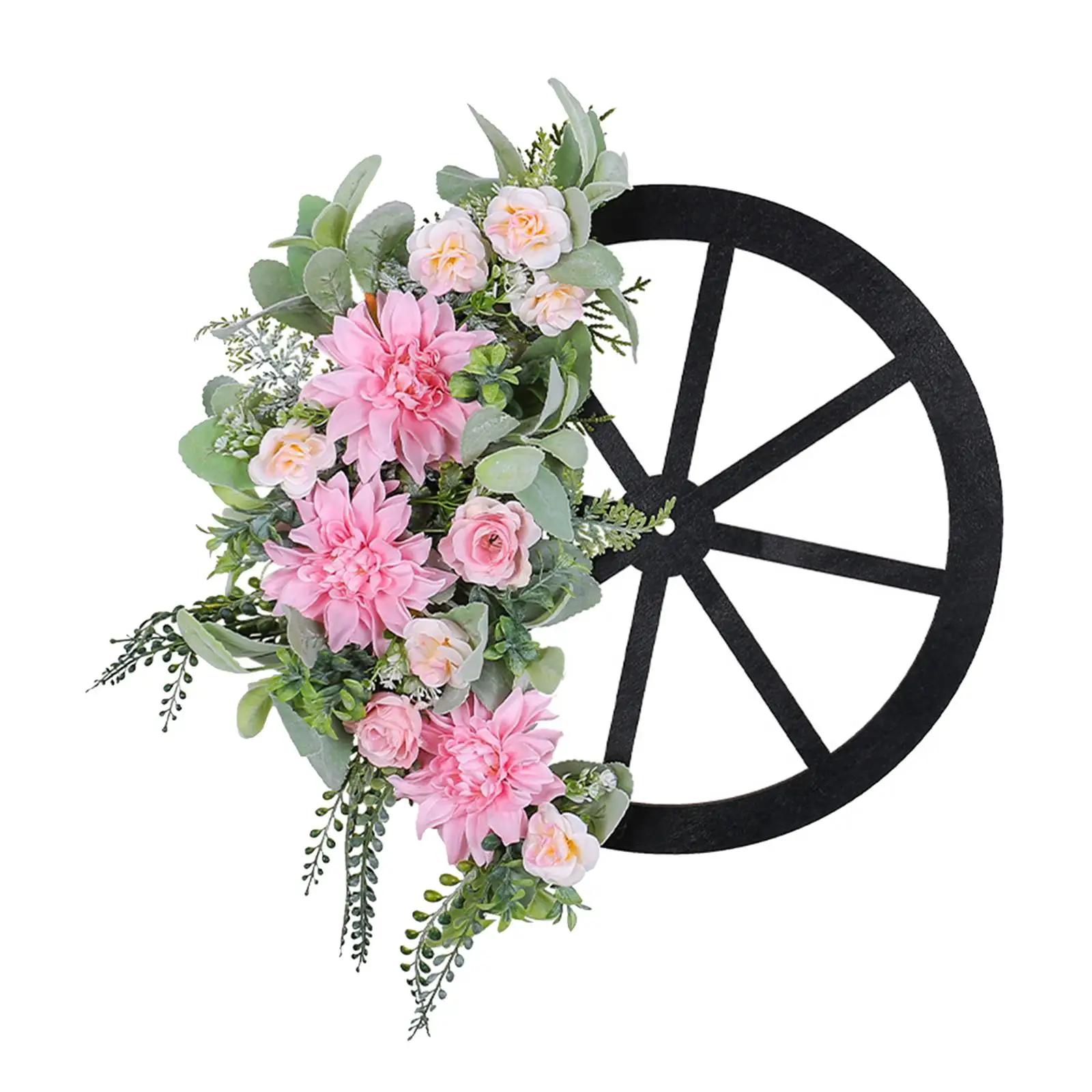 Spring Wreath Pink Artificial Flowers and Wheel Decoration 16.9x16.5inch Lifelike for Outside Farmhouse Decor Multipurpose