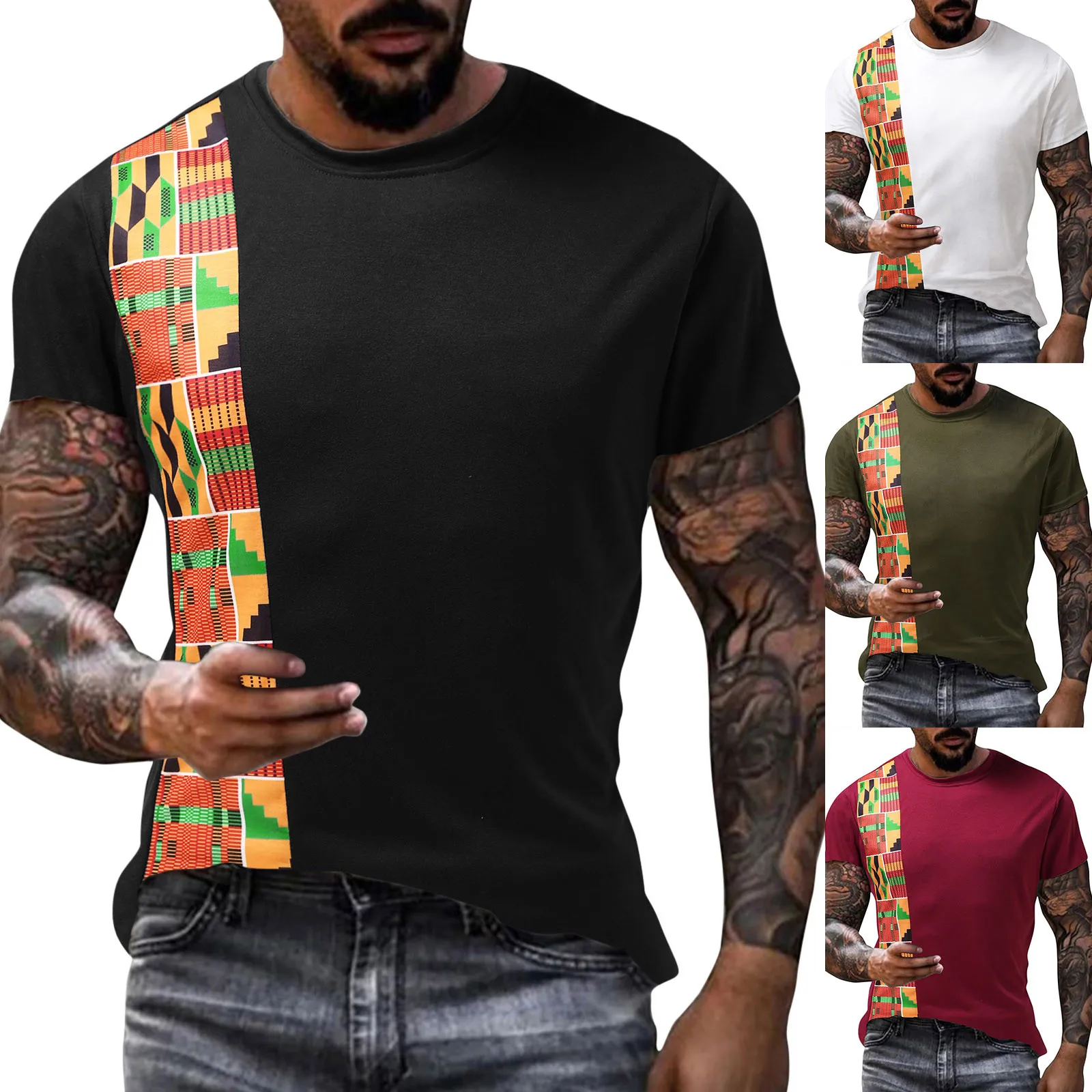 African Kente T Shirt Patchwork Color Print Top Wear Mens Ankara Style Panel Tees O Neck Kitenge For Men Short Sleeves Black Tee