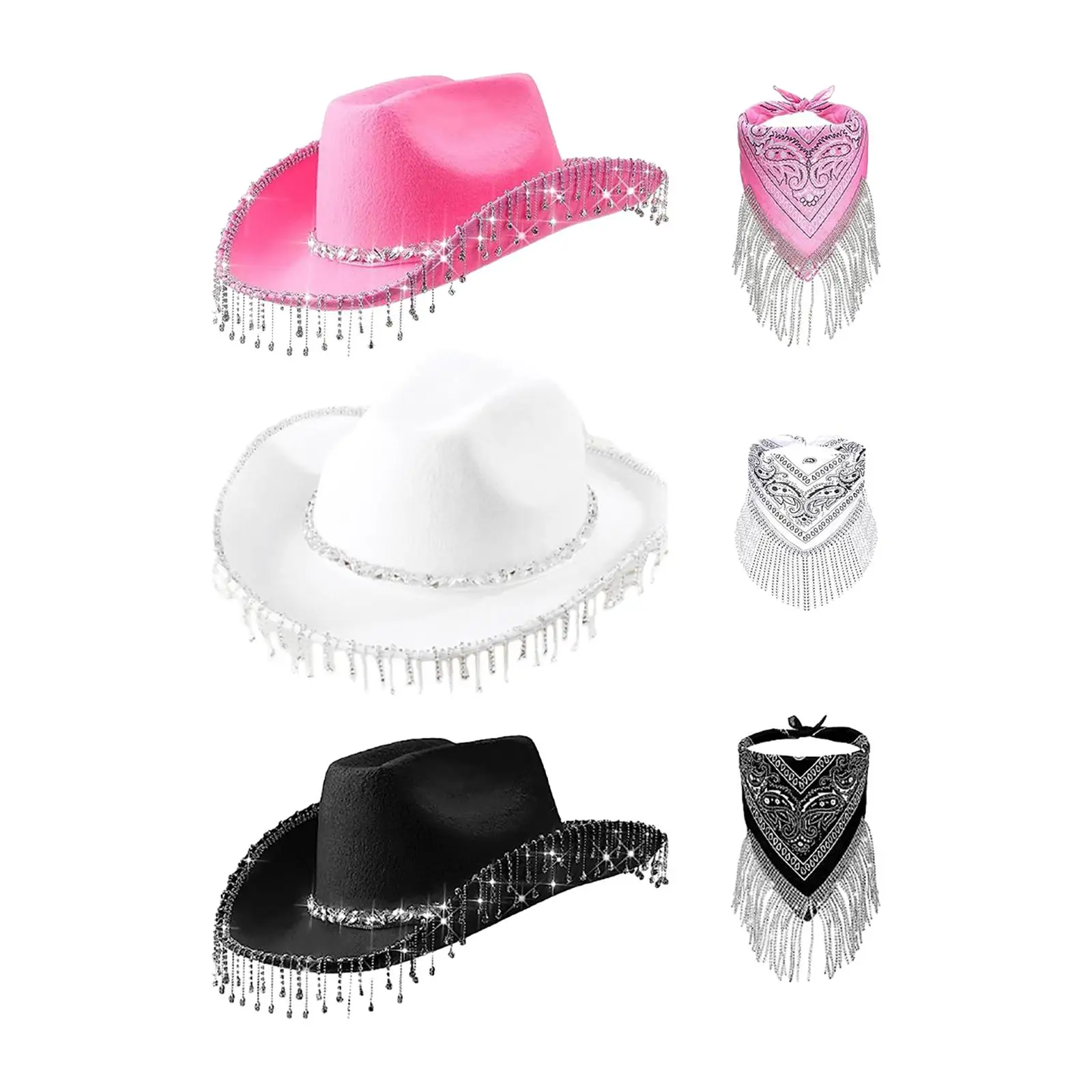 Cowboy Hat with Fringed Bandana Sun Hat Bling Tassels Big Brim Cap Cowgirl Hat for Women Men Party Holiday Summer Beach Carnival