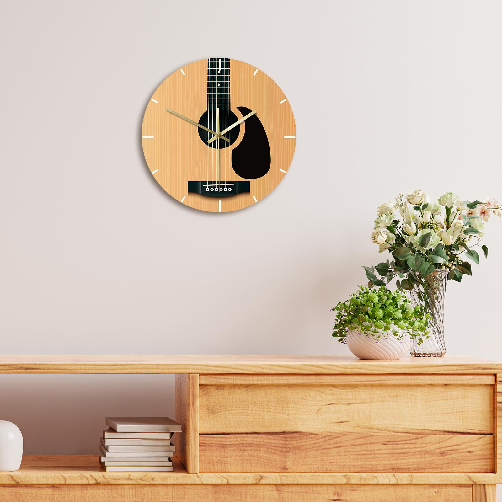 Nordic Guitar Wall Clock Music Instrument 12 inch Home Decor Minimalist Wall Art No Ticking for Office