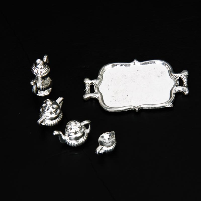 Dolls House Miniature Accessory Traditional Silver Tea Coffee Set Tableware 1/12