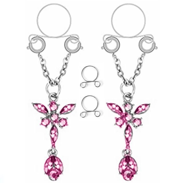 1 Paar sexy Quasten-Kristall-Schmetterlings-Anhänger, gefälschter Nippelring für Frauen und Mädchen, verstellbarer künstlicher Nippel-Piercing-Körperschmuck – Detail 6