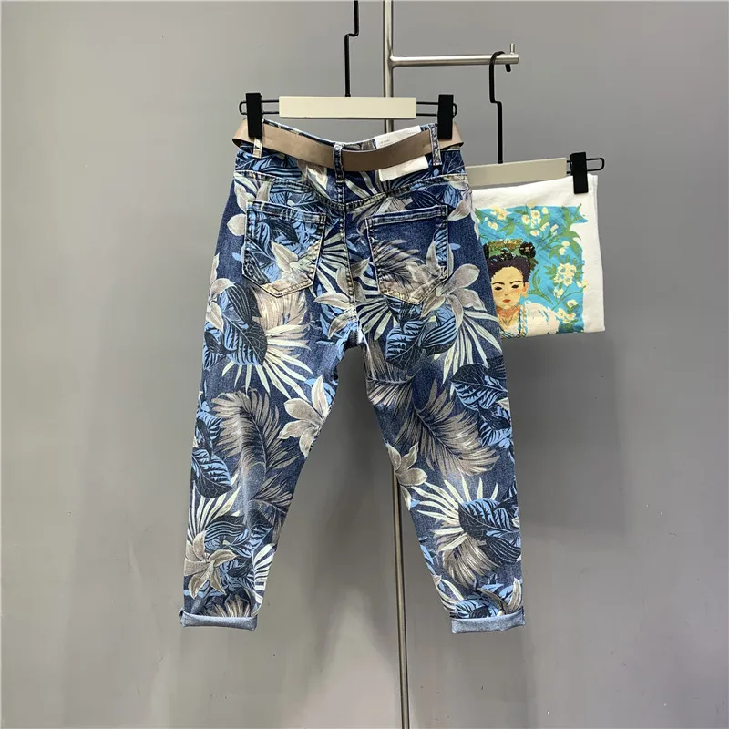 europeu primavera nova folha de bordo impressão tingimento cropped jeans moda feminina streetwear cintura alta solta harem denim calças