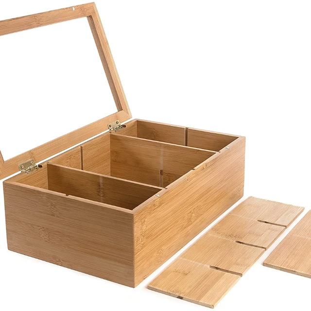 RoyalHouse Big Natural Bamboo Tea Box Storage Organizer 8 Compartments