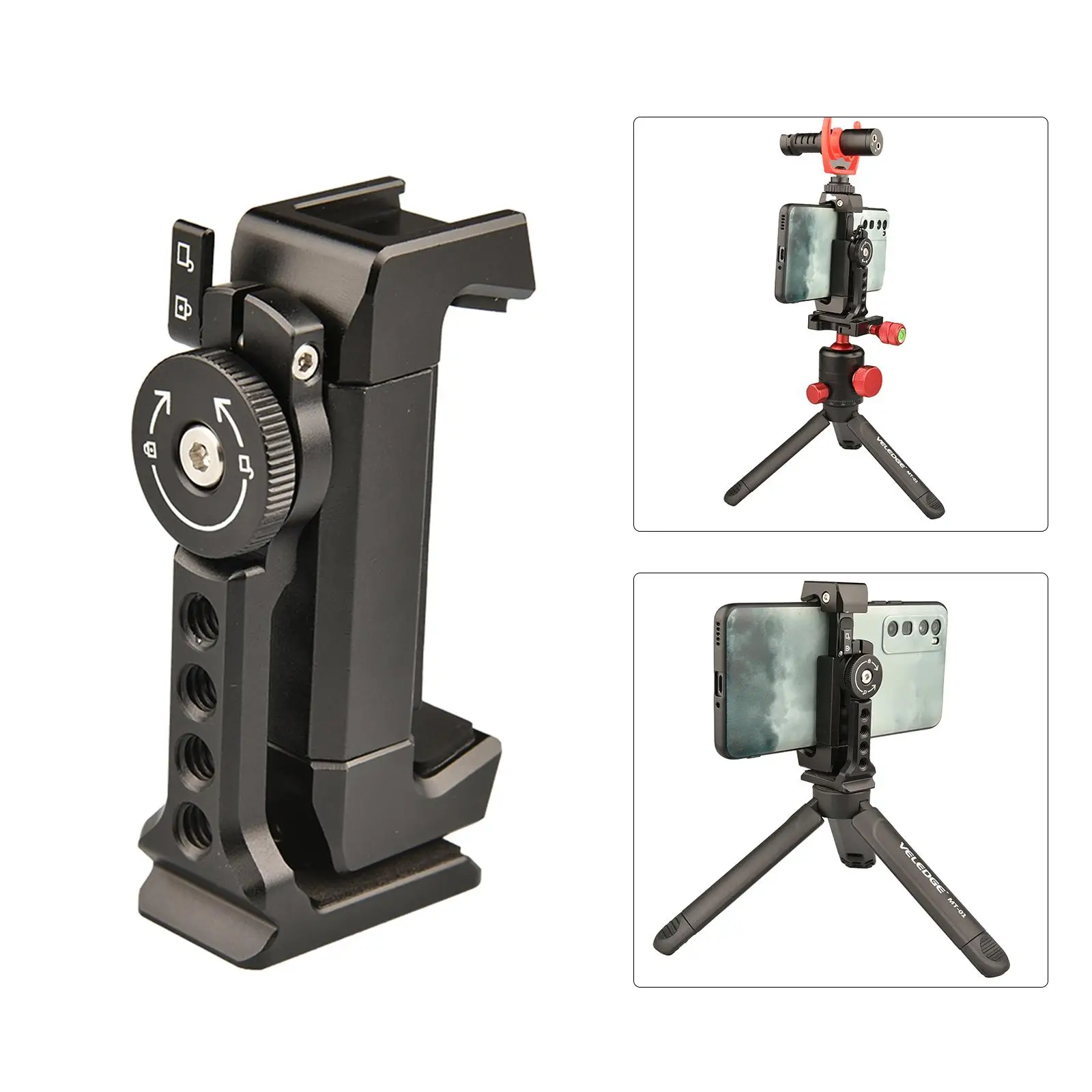 Phone Clip Holder Mount Tripod with Cold Shoe Clamp Selfie Stick Adjustable Adapter for Video Vlogging Cell Phone Live Streaming