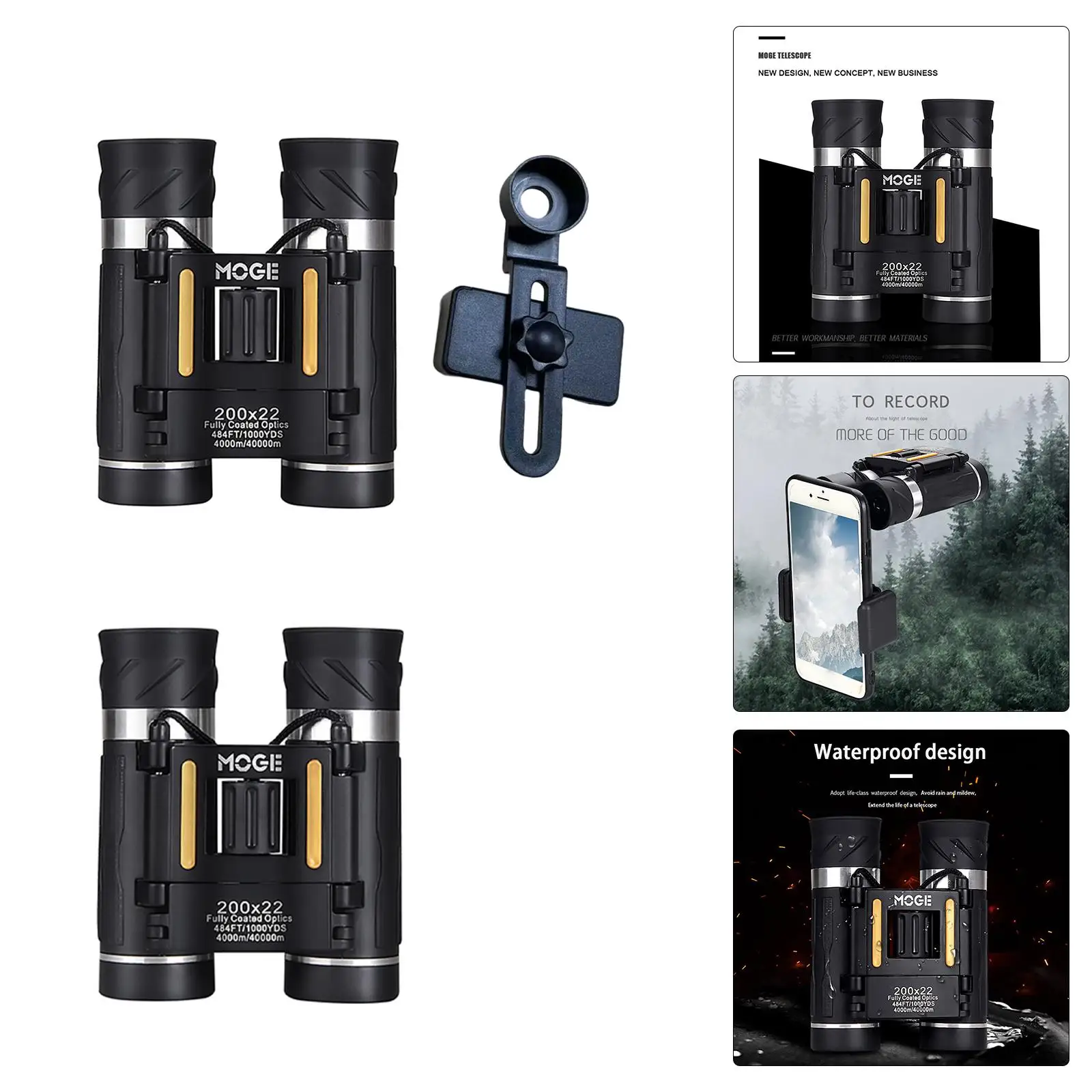200x22 Large Eyepiece Professional Compact Small IPX7 Waterproof Durable Binoculars for Hiking Opera Sightseeing Wildlife Black