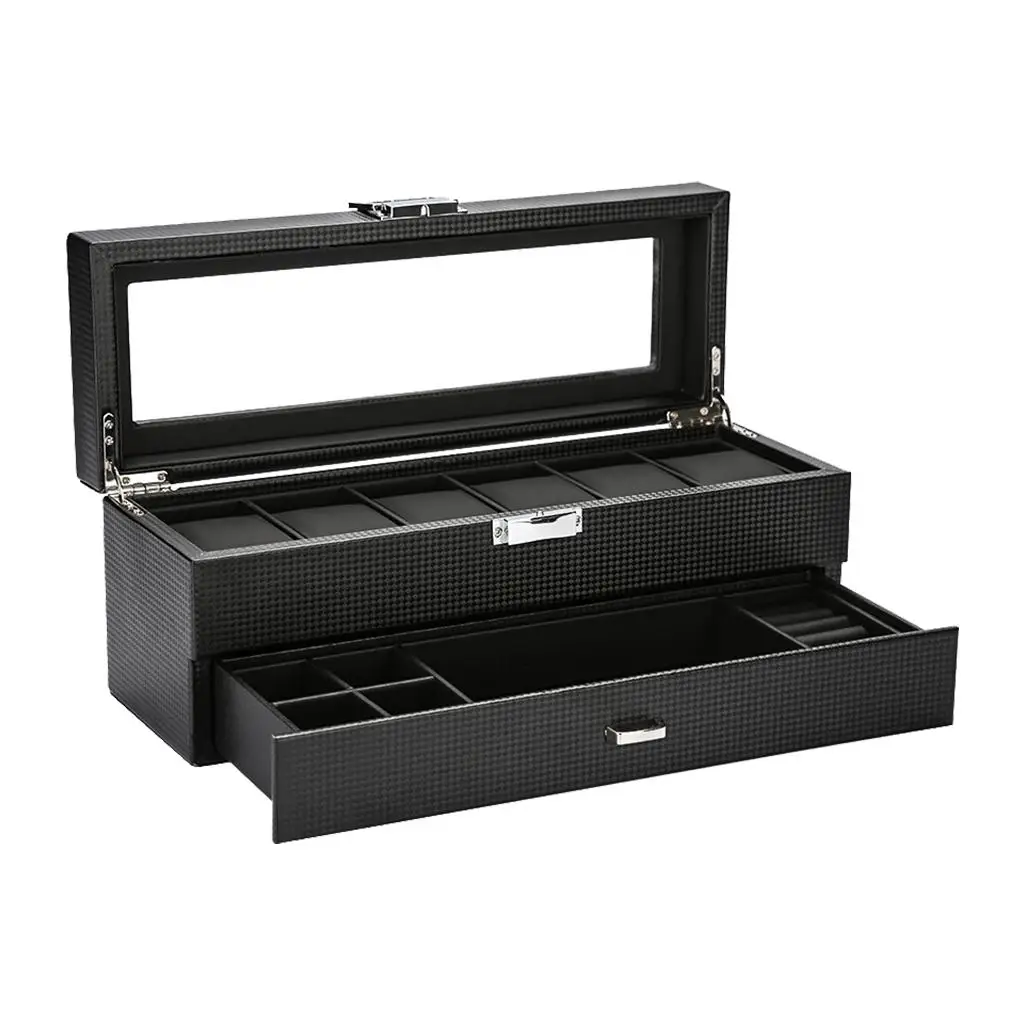 , 6 Slots Wooden Case Organizer with Jewelry Drawer for Storage And Display