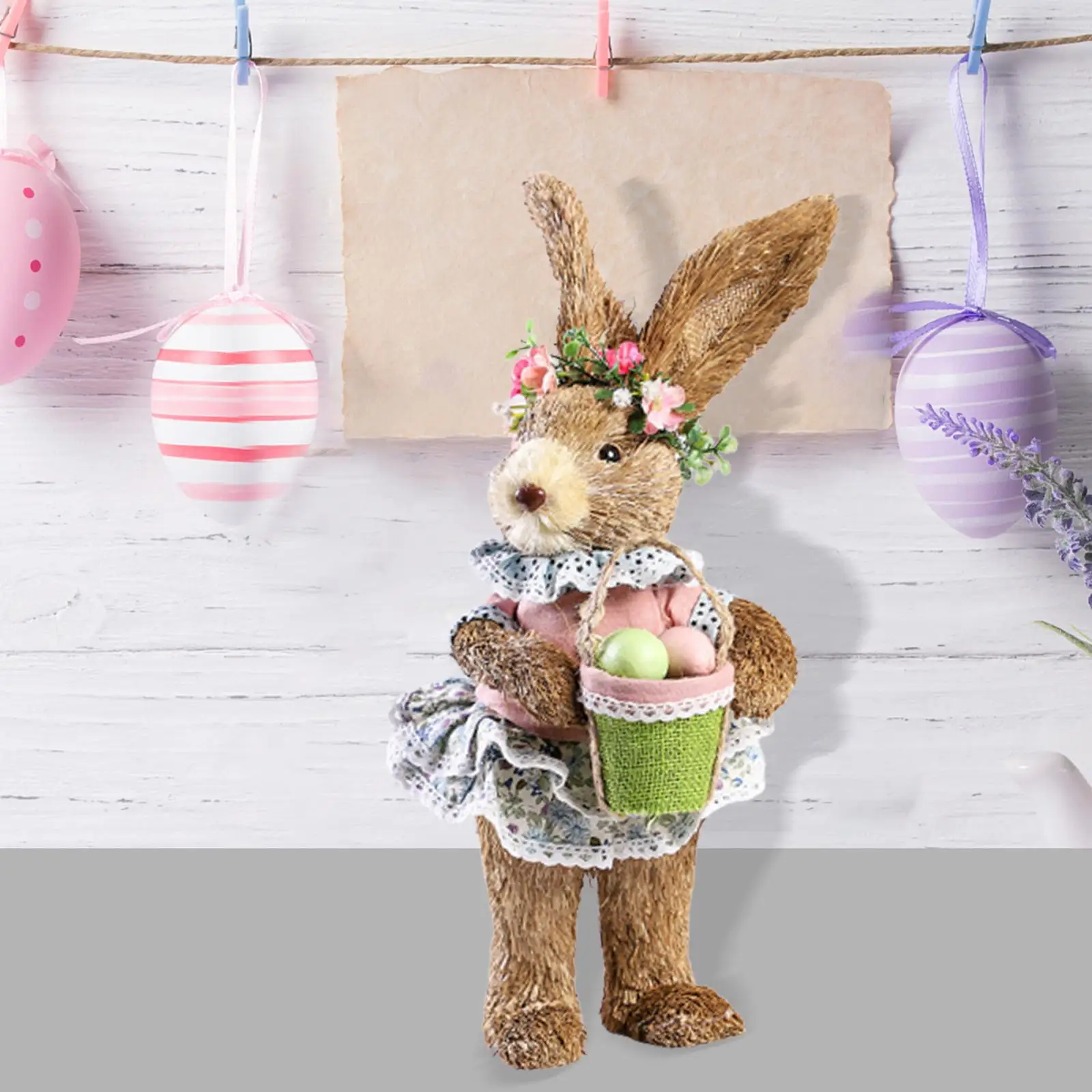 Lovely Straw Easter Rabbit Bunny Statue Standing Animal Art Photo Props Decoration for Tabletop Festival Outdoor Indoor Garden