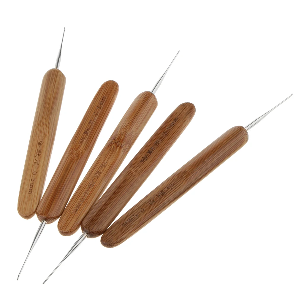 5pcs Bamboo Wooden Handle Hair Weaving Crochet  Dreading Hooks  Braiding  Set 0.5mm/0.75mm