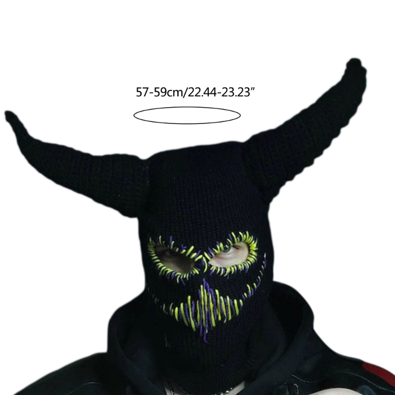 Frauen Gestrickte Kappen mit Teufel Hörner Halloween Horror Beanie Ski Maske für Männer – Detail 6