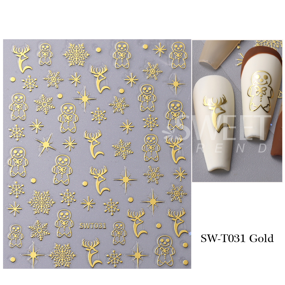 3D Rose Gold Christmas Nail Art Stickers Metallic Elk Snowflake Cookie Man Stars Geometric Lines Winter Xmas New Year Decoration