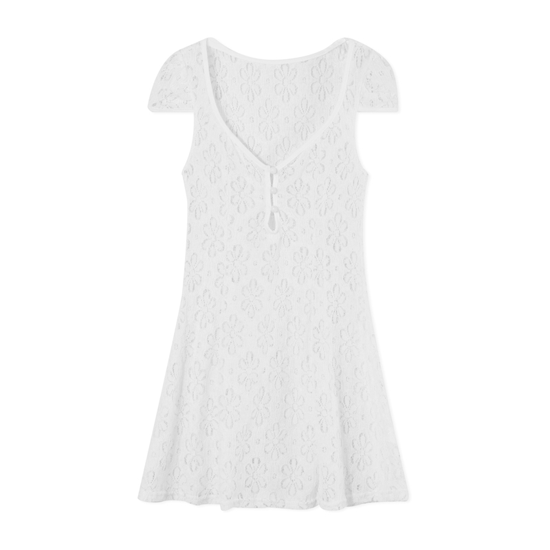 y2k Going Out Mini Lace Dress Summer Women See Through Short Sleeve V Neck Hollow Out Button Down A Line Dress Clubwear