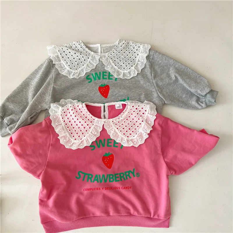 oversized children's hoodie 1078C New Korean Children Sweatershirt Girl's Sweet Hoodies Spring 2022 New Lace Lapel Strawberry Letter Printed Girl Pullover child hoodie vest